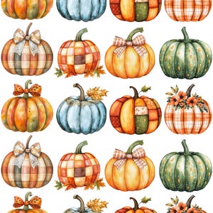 May include: A collection of watercolor pumpkins in various colors and patterns. The pumpkins feature orange, blue, green, and plaid designs, some with bows and floral accents. Ideal for fall-themed crafts and decorations.