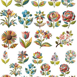 May include: A collection of colorful, patchwork-style floral illustrations. Each flower features a unique design with various patterns and colors, including red, blue, yellow, and green. The flowers have green stems and leaves, creating a vibrant and artistic display.
