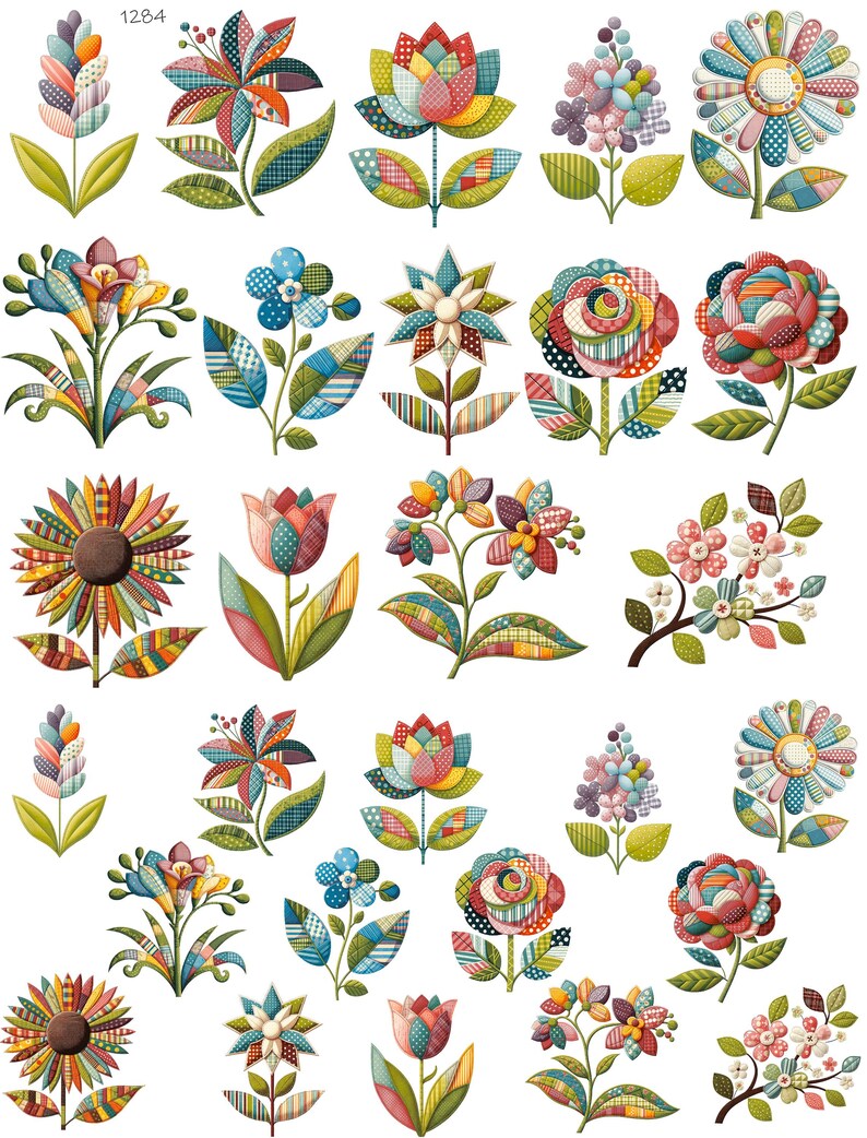 May include: A collection of colorful, patchwork-style floral illustrations. Each flower features a unique design with various patterns and colors, including red, blue, yellow, and green. The flowers have green stems and leaves, creating a vibrant and artistic display.
