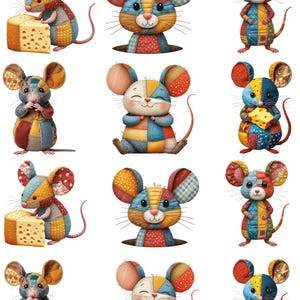 May include: A collection of colorful patchwork mouse illustrations. Each mouse features a unique design with various patterns and colors, including red, blue, yellow, and orange. Some mice are holding cheese, while others are in different poses. The number "1312" is in the top left corner.