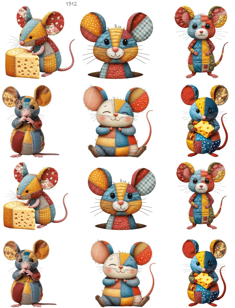 K&ouml;nnte beinhalten: Eine Sammlung farbenfroher Patchwork-Maus-Illustrationen. Jede Maus hat ein einzigartiges Design mit verschiedenen Mustern und Farben, darunter Rot, Blau, Gelb und Orange. Einige M&auml;use halten K&auml;se. Die Nummer "1312" befindet sich oben links.