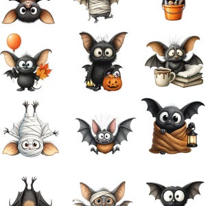 May include: A collection of whimsical cartoon bats in various poses. Some bats are wrapped in bandages, holding pumpkins, or with an orange balloon. The bats have large eyes and are in a Halloween theme.
