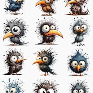 May include: A collection of twelve cartoon birds with exaggerated features. Each bird has large, expressive eyes, a long beak, and spiky, messy feathers in various colors, including blue, brown, and gray. The birds are standing on a white background.