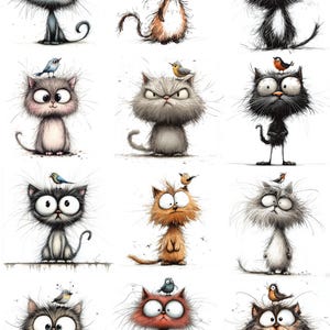 May include: A collection of whimsical cartoon cat illustrations, each with exaggerated features and a bird perched on its head. The cats vary in color, including gray, orange, black, and brown, with expressive eyes and spiky fur.
