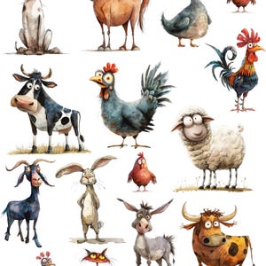 May include: A collection of whimsical watercolor illustrations of farm animals, including a dog, horse, duck, chicken, rooster, cow, goat, rabbit, donkey, sheep, cat, and bull. Each animal has exaggerated features and a cartoonish style.