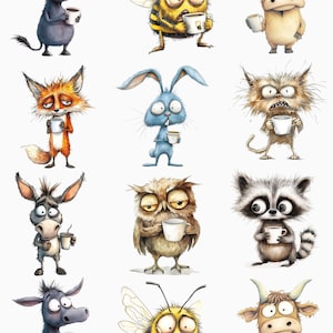 May include: A collection of whimsical cartoon animal illustrations, each holding a white coffee cup. The animals include a donkey, bee, cow, fox, rabbit, cat, owl, and raccoon, all with sleepy or tired expressions.