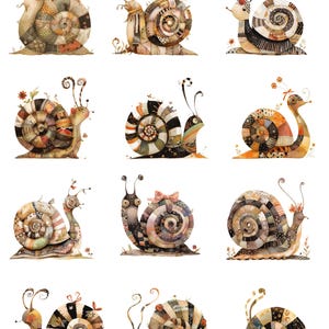 May include: A collection of watercolor illustrations of whimsical snails. Each snail features a patchwork shell in various colors and patterns, with delicate antennae and floral accents. The snails are depicted on a white background.