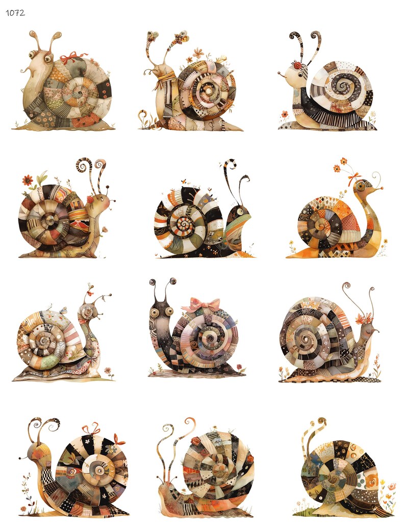 May include: A series of watercolour illustrations depicting whimsical snails. Each snail has a patchwork shell in various colours and patterns, with delicate antennae and floral accents. The snails are shown against a white background.