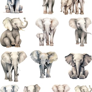 May include: A collection of watercolor illustrations of elephants in various poses. The elephants are depicted in shades of gray and white, with large ears and trunks. Some illustrations show adult elephants with their young. The number "1232" is in the top left corner.