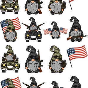 May include: A collection of cartoon gnomes in camouflage hats and outfits, some holding weapons, others with American flags. The gnomes are in various poses, some riding in camouflage vehicles.