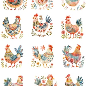 May include: A collection of twelve watercolor illustrations of chickens and roosters. Each bird is adorned with intricate patterns and surrounded by floral elements in a variety of colors, including red, blue, yellow, and green. The image has the number 1065 in the top left corner.