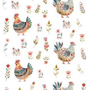 May include: A repeating pattern of colorful chickens and floral elements on a white background. The chickens are adorned with intricate patterns in shades of blue, red, yellow, and green. Various flowers and leaves are scattered throughout.