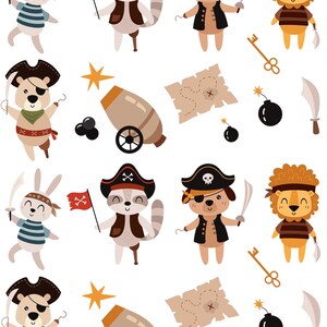 May include: A collection of cartoon pirate characters and accessories. The image features a rabbit, raccoon, dog, bear, and lion, all dressed as pirates. Included are a cannon, treasure map, bombs, keys, and swords. The color palette is primarily beige, brown, and red.
