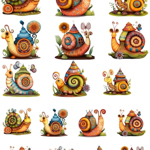 May include: A collection of colorful snail illustrations. Each snail features a unique shell design with intricate patterns and vibrant colors. Some snails have butterfly accents and are surrounded by flowers and grass. The image includes the number "1219" in the top left corner.