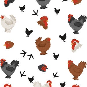 May include: A white background with a repeating pattern of chickens, chicken heads, chicken footprints, and small black chickens. The chickens are in various colors, including brown, gray, and white, with red combs.