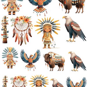May include: A collection of watercolor illustrations featuring Native American themes. Includes depictions of an eagle with outstretched wings, a bison, a totem pole, a dreamcatcher, and figures in traditional attire. The color palette includes shades of blue, orange, and brown.