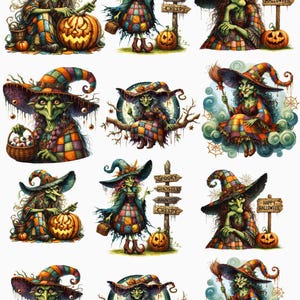 May include: A collection of watercolor illustrations featuring whimsical witches in colorful patchwork outfits and tall hats. Each witch is depicted with a pumpkin, a sign that reads "Spooky, Ghostly, Haunted, Creepy", or a "Happy Halloween" sign. The style is reminiscent of a storybook.