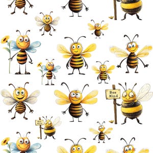 May include: A collection of cartoon bees in various poses. The bees are yellow and black with smiling faces and large eyes. Some bees hold sunflowers or signs that say "Bee Kind". The image has a white background.