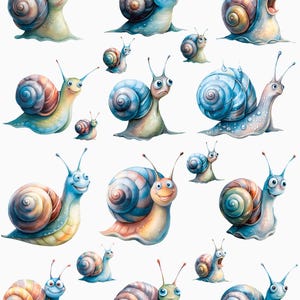 May include: A collection of watercolor illustrations of snails with various expressions. The snails have blue, brown, and orange shells, with some showing surprise or sadness. The image has a whimsical and cartoonish style.