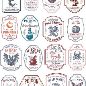May include: A collection of vintage-style apothecary labels with illustrations and text. Designs include a phoenix, love potion, moon elixir, fly agaric extract, pumpkin juice, baby dragon, unicorn blood, and more. The labels feature various fonts and decorative borders.
