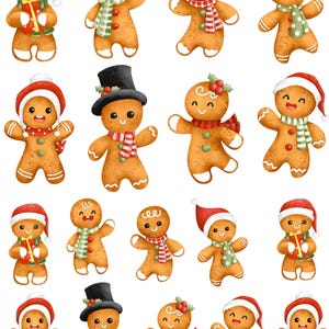 May include: A collection of watercolor gingerbread men illustrations. Each gingerbread man is decorated with a scarf, hat, and some hold gifts. The gingerbread men are in various poses and expressions, perfect for holiday-themed crafts.