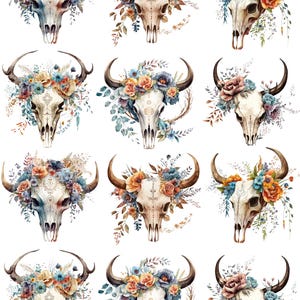 May include: A collection of watercolor illustrations featuring bull skulls adorned with floral arrangements. The skulls are white and beige, with brown horns. The flowers are in shades of blue, orange, and pink, with green foliage.