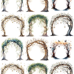 May include: A collection of watercolor illustrations featuring arched tree designs. Each arch is unique, adorned with leaves, stars, and lights. The designs vary in color, including green, brown, and blue, with some featuring butterflies. The number "1438" is in the top left corner.