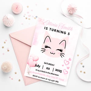 Faire-part d'anniversaire modifiable Kitty Cat - Invitation de fête chaton rose - Téléchargement immédiat - Modèle d'anniversaire fille imprimable