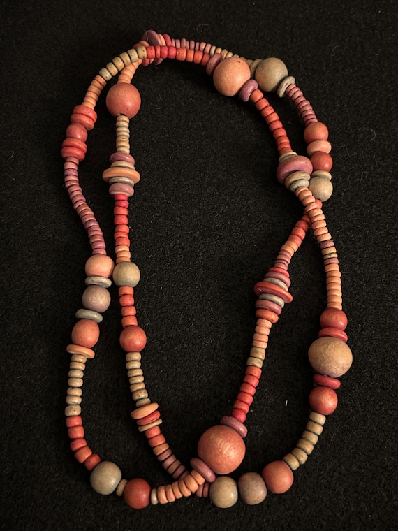Multi-colored Long Wooden Bead Necklace No Clasp 22"