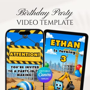 Pode incluir: Um modelo de vídeo digital para festa de aniversário exibido em um smartphone e tablet. O design apresenta gráficos com tema de construção, incluindo uma escavadeira amarela, uma betoneira e um guindaste de construção. O texto inclui "Birthday Party VIDEO TEMPLATE", "ATTENTION!", e "ETHAN is turning 3".