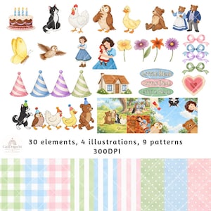 May include: A digital collection of 30 watercolor-style elements, 4 illustrations, and 9 patterns featuring a birthday cake, animals, a house, flowers, bows, party hats, and the text Little Bear. The set includes various pastel-colored backgrounds.
