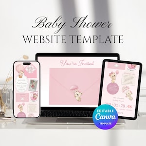 Kan Bearly Wait rosa babyshower-inbjudan med webbmall med OSA-redigerbar digital Canva-webbplatsinbjudan