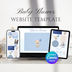 Kan Bearly Wait blå babyshower rosa inbjudningsmall med OSA redigerbar Canva digital webbplatsinbjudan