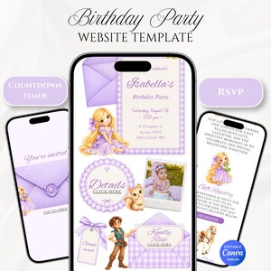 Puede incluir: Una plantilla de sitio web para fiesta de cumpleaños en tres teléfonos inteligentes, con un esquema de color violeta y blanco, ilustraciones de una niña de pelo rubio largo, un niño, un caballo y texto que incluye Isabella's Birthday Party.