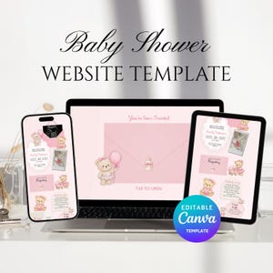 Kan Bearly Wait rosa babyshowerinbjudan webbmall med OSA redigerbar Canva digital webbplatsinbjudan