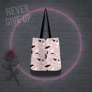 Halloween Tote Bag – Pastel Spooky Cat Print Reusable Gothic Bag | SheVibes Studio After Dark