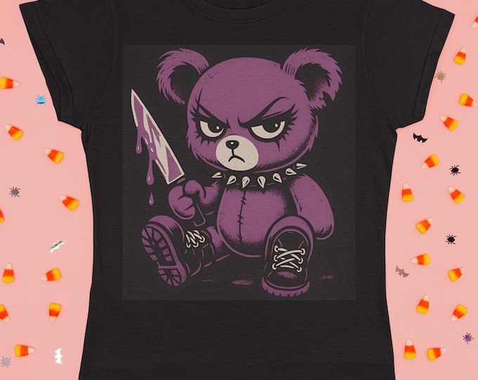 Unisex Tee: Killer Teddy Bear T-shirt, Halloween Goth Top, Pastel Goth Clothing, Warning Graphic Tee, Spooky-Cute Grunge Shirt