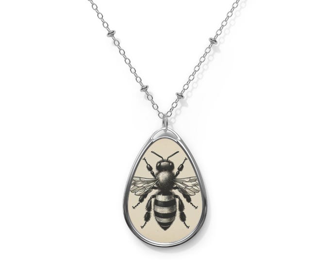 Oval Necklace, Vintage Bee Nature Jewelry, Eco-Friendly Gift, Pendant, Statement Piece, Boho Accessories, Gift for Her