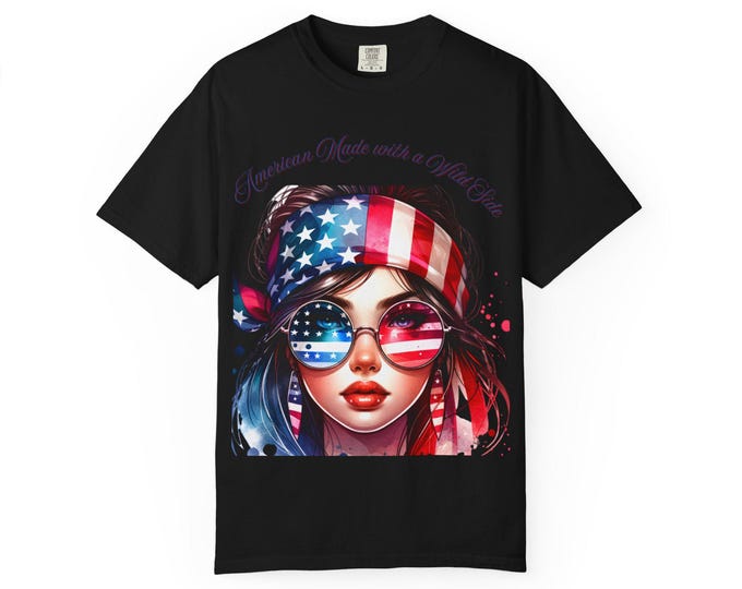 Patriotic Babe T-Shirt | Retro USA Flag Girl Tee | Badass 4th of July Shirt | SheVibes Studio Summer Vibes, Unisex Garment-Dyed T-shirt,