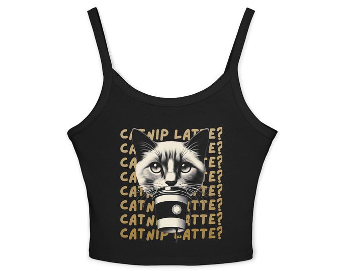 Catnip Latte Funny Cat Tank Top  Grunge Cropped Shirt for Women  Cute Coffee Cat Graphic  Edgy Animal Tee SheVibes After Dark