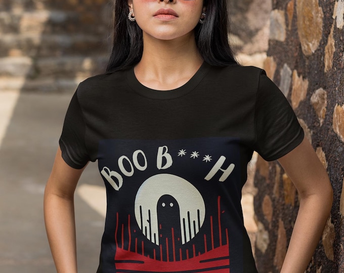 Women's Tee - Ghost Moon Graphic T-Shirt - Minimalist Red and Black Retro Aesthetic Top, Women's Graphic Tee, Retro Moon Shirt, Minimalist
