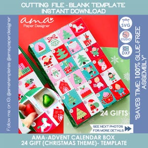 Puede incluir: Una caja de calendario de adviento con temática navideña con 24 compartimentos para regalos. La caja presenta ilustraciones coloridas de árboles de Navidad, Papá Noel y otros diseños festivos. El texto en la caja dice "24 Regalos" y "AMA-ADVENT CALENDAR BOX".