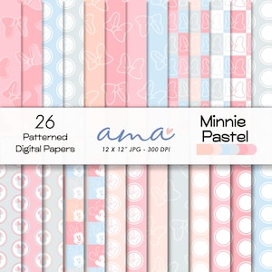 May include: A collection of 26 digital papers with pastel pink, blue, and peach patterns. Designs include polka dots, bows, and Minnie Mouse silhouettes. The text reads "Minnie Pastel" and "12 X 12" JPG - 300 DPI".