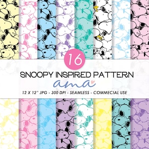 Puede incluir: Una colección de 16 patrones inspirados en Snoopy en varios colores pastel, incluyendo amarillo, rosa, azul y morado. Cada patrón presenta un diseño repetitivo de la cara de Snoopy. La imagen incluye el texto "SNOOPY INSPIRED PATTERN" y "12 X 12" JPG".