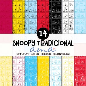 May include: A collection of 14 digital paper patterns featuring Snoopy comic strip panels in various colourways including yellow, blue, red, black, and white. The text reads 14 SNOOPY TRADICIONAL ama 12 X 12 JPG - 300 DPI - COLORFULL - COMMERCIAL USE.