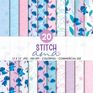 Puede incluir: Una colección digital de 20 patrones con temática de Stitch que incluye personajes alienígenas azules, flores de hibisco tropicales y hojas de palma en tonos rosa, azul y blanco. El texto dice 20 STITCH ama 12 X 12" JPG - 300 DPI - COLORFULL - COMMERCIAL USE.