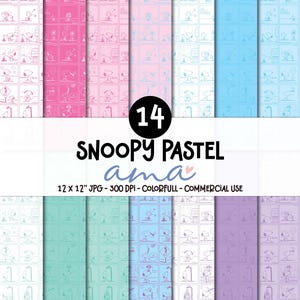 Peut inclure: Une collection de 14 motifs de papier numérique représentant Snoopy dans diverses poses, présentés dans des tons pastel incluant rose, bleu, vert et violet. Le texte indique 14 SNOOPY PASTEL ama 12 X 12 JPG - 300 DPI - COLORFULL - COMMERCIAL USE.