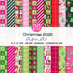 Puede incluir: Un conjunto de 20 papeles digitales con temática navideña. Los diseños incluyen rayas, árboles de Navidad y personajes festivos en rosa, verde, rojo y blanco. El texto "Christmas 2025" y "ama" se muestran en los papeles.
