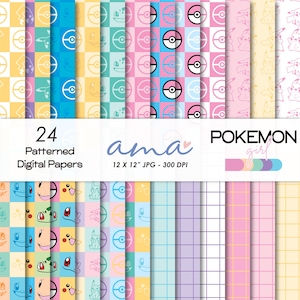 Puede incluir: Una colección de 24 papeles digitales estampados. Los diseños presentan cuadrados coloridos con personajes de Pokémon y símbolos de Poké Ball. El texto "POKEMON girl" también es visible.