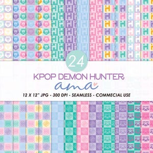 Puede incluir: Un conjunto de 24 papeles digitales con patrones repetidos en colores pastel. Los diseños incluyen formas geométricas e ilustraciones estilizadas, con el texto "KPOP DEMON HUNTER" y "ama". Los papeles miden 30,48 x 30,48 cm y son aptos para uso comercial.